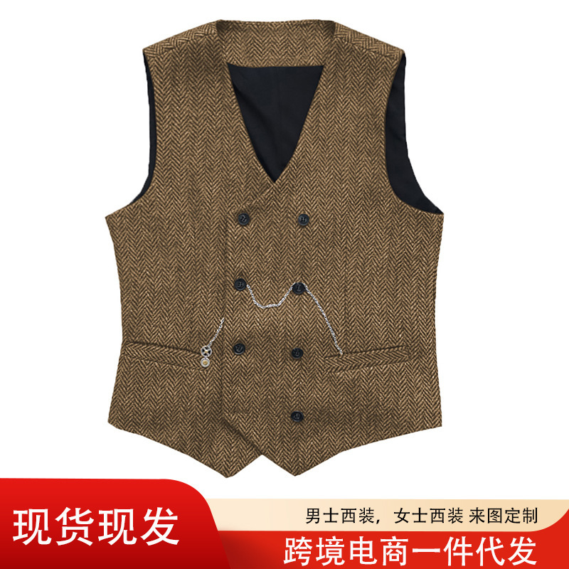 Cross-Border Hot-Selling Men's Suit Vest Herringbone Imitation Woolen Vest Double-Breasted V-Neck Men's Suit Vest in Stock