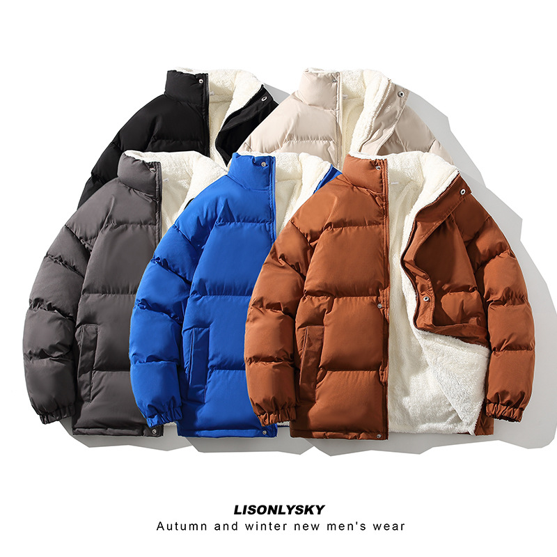 男士棉服加绒加厚保暖外套2023冬季新款韩版棉衣立领纯色面包服潮