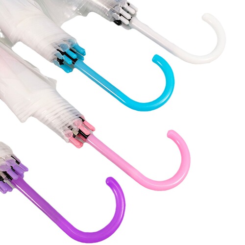 A large quantity of wholesale long-handled transparent umbrellas with colored transparent shafts, semi-automatic cheap umbrellas, advertising logos, and gift umbrellas