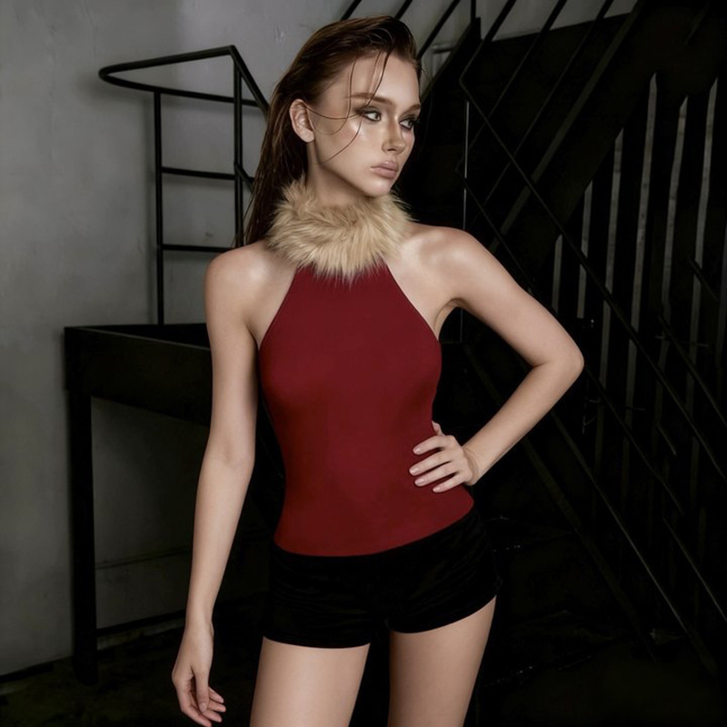 2025 European and American Autumn Cross-Border New Spliced ​​Fur Collar Sleeveless Slim Waist Fashion Trendy Versatile Elegant Top