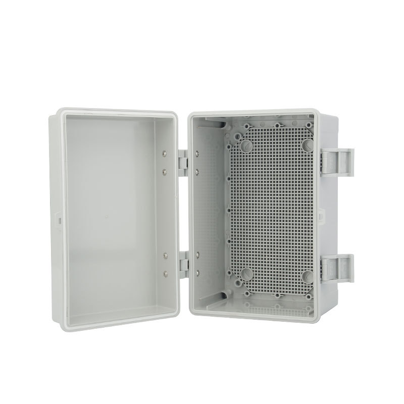400*300*200塑料搭扣灰盖防水箱 户外合页开关电源插座配电盒IP67