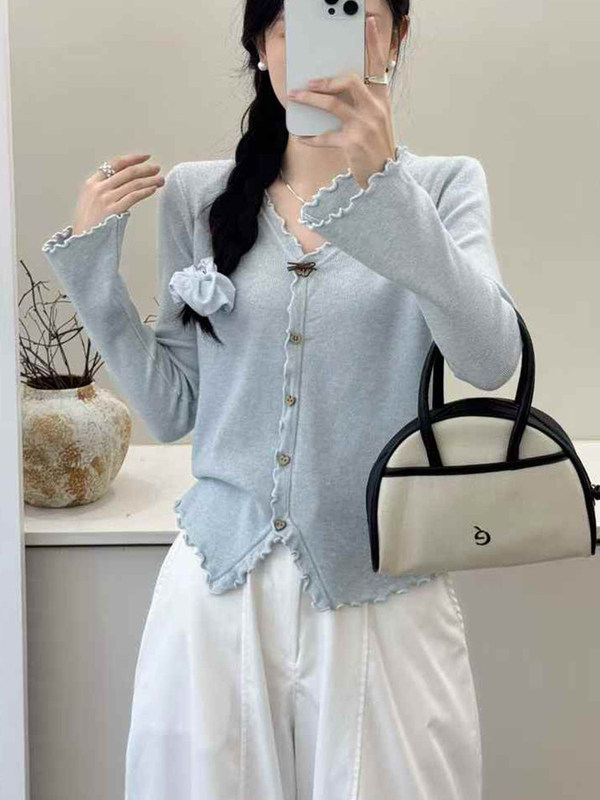 Spring New Style Gentle and Sweet V-Neck Ruffled Thin Long-Sleeve Knit Top T-Shirt with Bell Sleeves Cardigan for Women