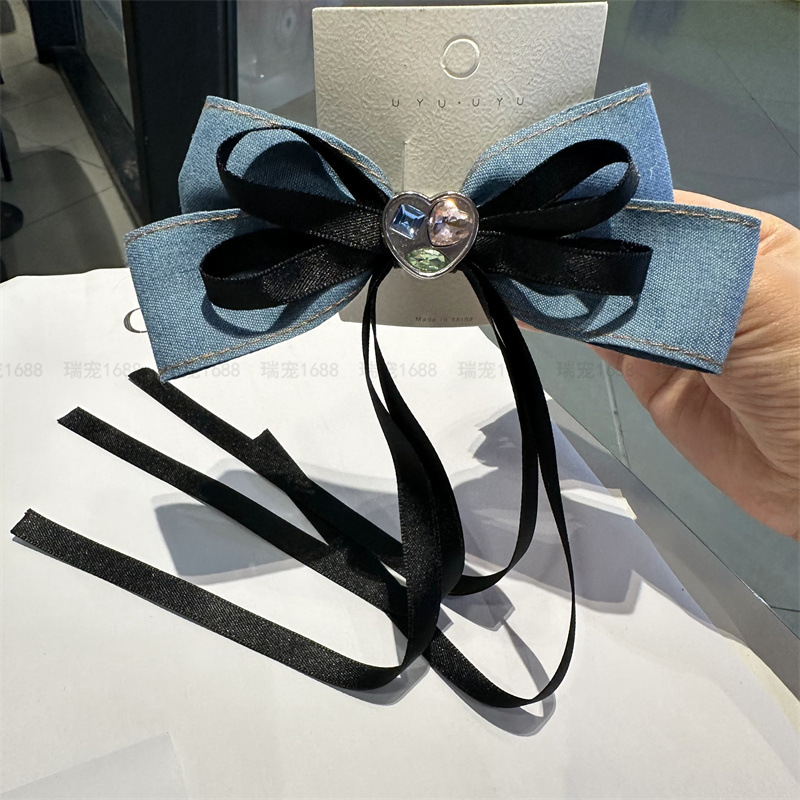 韓國東大門髮飾牛仔布藝蝴蝶結女網紅後腦勺馬尾亞馬遜彈簧夾批發