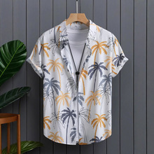 休闲外贸男装灰黄椰子树男士短袖衬衫男式衬衣夏季2025新款跨境专