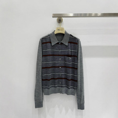 m条纹针织polo衫学院风肩部配珍珠母钮扣肩章女25早秋新品