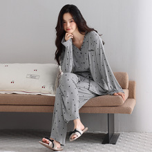 春秋季女士维密风洋气V领开衫睡衣少女舒爽莫代尔长袖长裤家居服