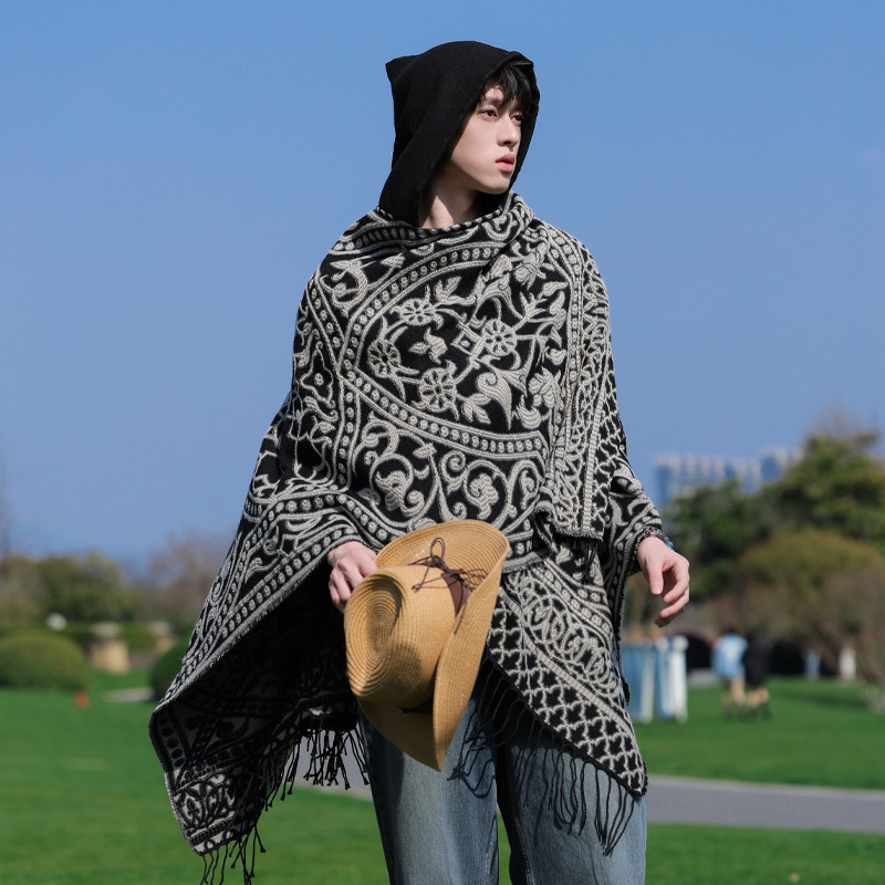 Men's Hooded Knitted Shawl Autumn and Winter Retro Xizang Qinghai Inner Mongolia Travel Photo Warm Cloak Cloak