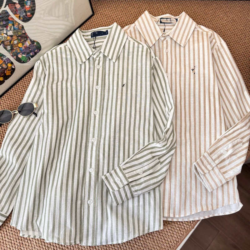 Zhao Lusi's Same Style as Polo's 26Th Anniversary New Classic Women's Linen Striped Shirt with Logo Embroidery on the Chest