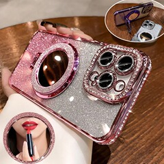 适用苹果17ProMax手机壳补妆镜iPhone16磁吸支架14闪粉边钻电镀15
