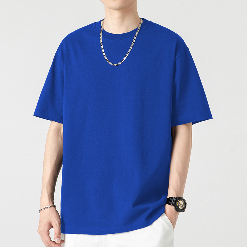 컬러풀한 블루 - 솔리드 컬러 반소매 - 면 100%