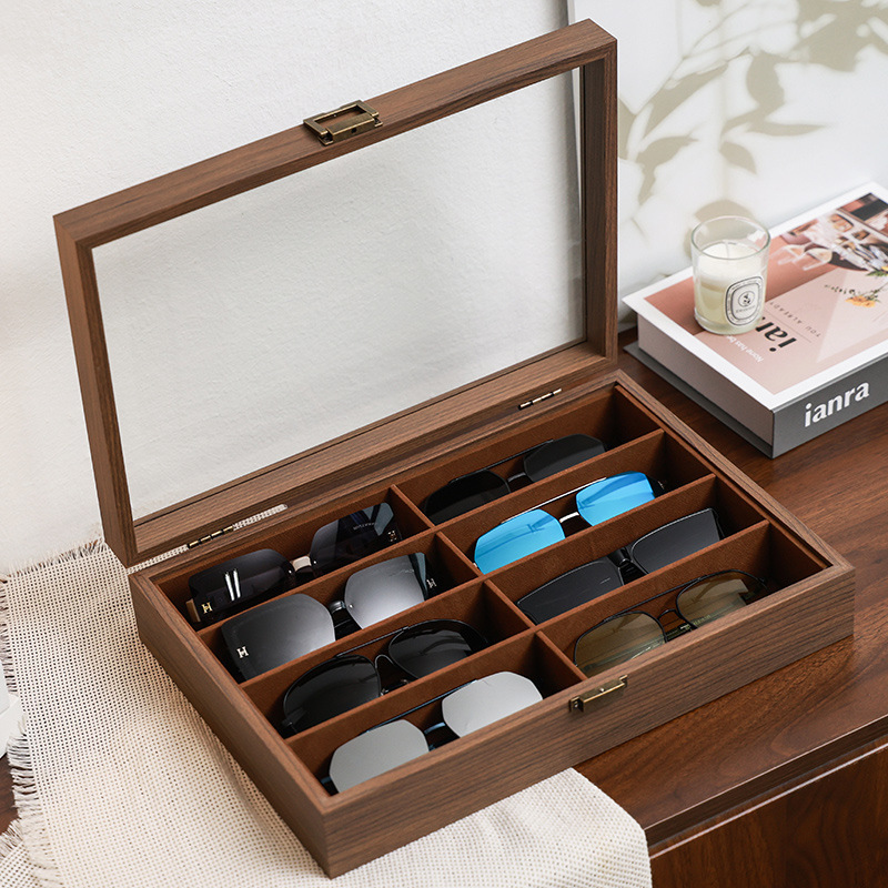 Walnut Wood Grain Glasses Storage Box Dustproof Glass High-End Multi-Compartment Sunglasses Frame Collection Display Box in Stock Walnut Wood Grain Glasses Storage Box Dustproof Glass High-End Multi-Compartment Sunglasses Frame Collection Display Box in Stock
