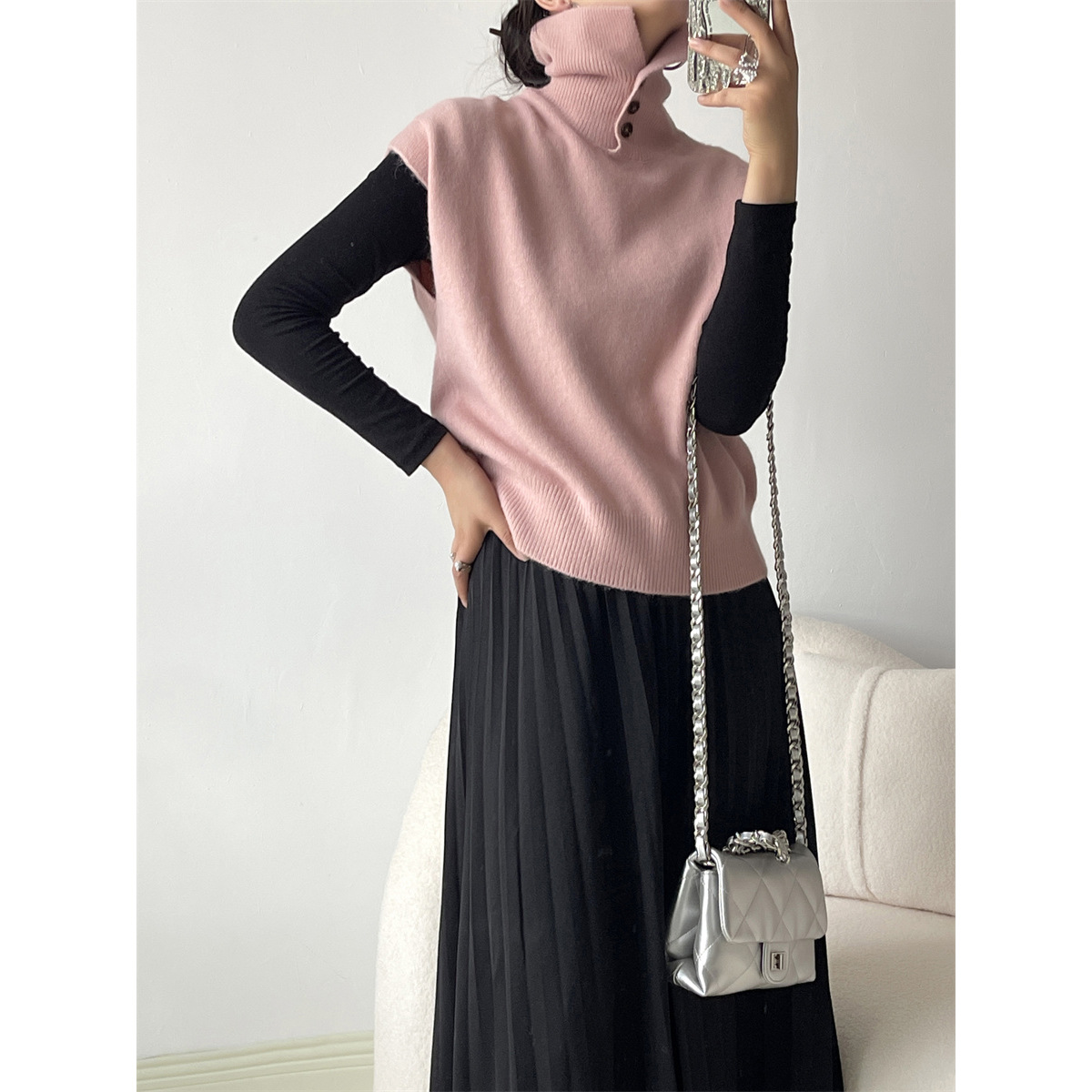 Mengzi chic cuello alto diseño exterior chaleco vintage muestra pullover sin mangas chaleco adelgazante superior X1230 image 3