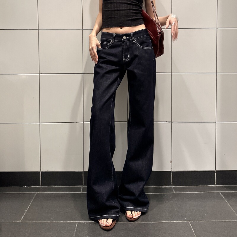 1848 # American-style denim low-waist flared jeans for women, loose fit, slimming, versatile, floor-length