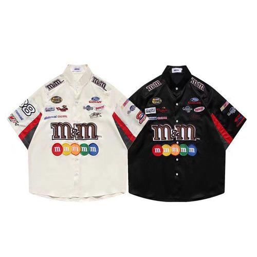 American Retro Hip-Hop Street Racing Shirt Men's Short Sleeve Summer Loose Ins Trendy Brand Motorcyclist Thin Collar Shirt