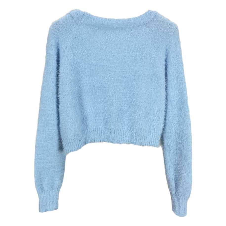 Плюшевый свитер, Женский японский короткий приталенный маленький кардиган с V-образным вырезом, 2023, весна и осень, новый свитер