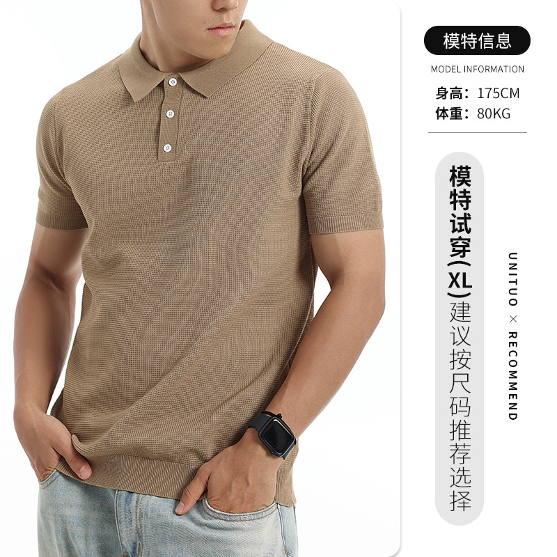 Verano nuevo hombre waffle textura hielo tejido polo camiseta transpirable manga corta negocios ropa casual hombre