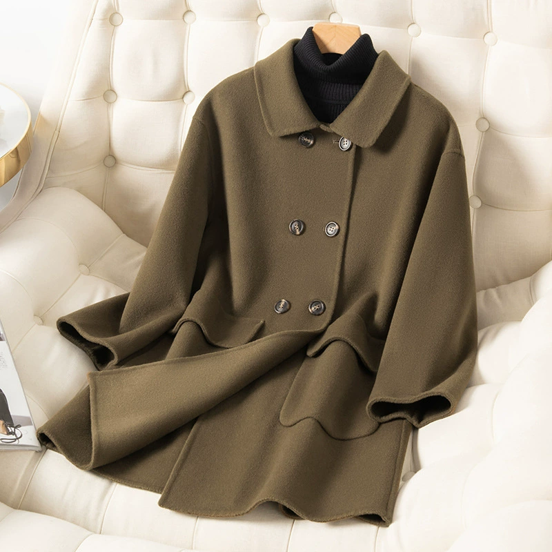2023 осенне-зимнее Новое двустороннее шерстяное пальто, элегантное женское свободное двубортное шерстяное пальто средней длины с воротником-куклой