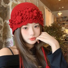 复古手工钩花针织套头帽女秋冬波西米亚风川西旅游包头帽毛线帽子