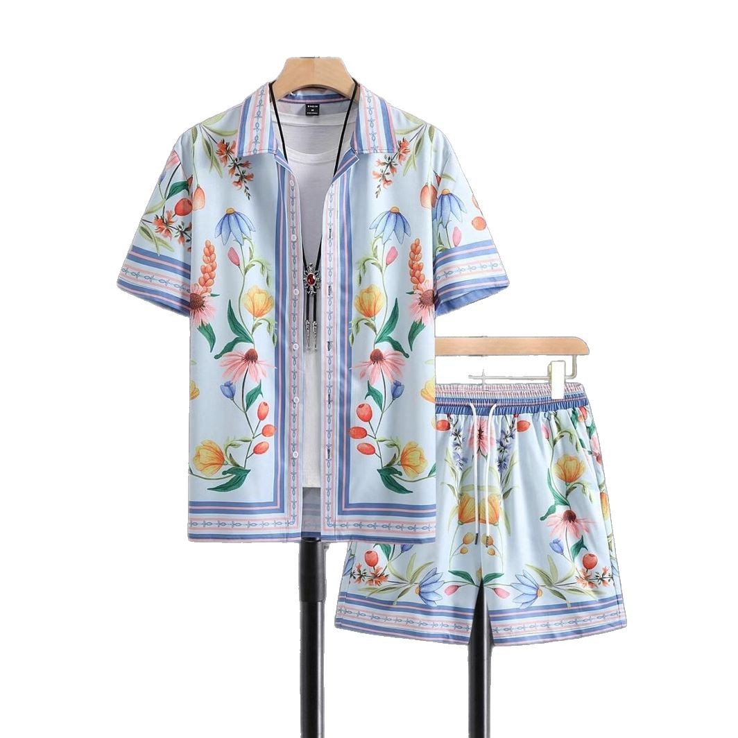 Xiyin venta caliente verano camisa pantalones cortos traje playa vacaciones coloridas rayas florales spot de impresión digital 3D