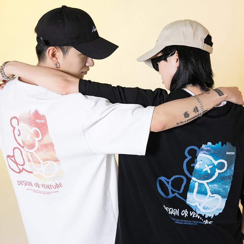 韩路日系男装 2021夏季新款情侣潮牌T恤男小熊元素印花短袖体恤衫|ms