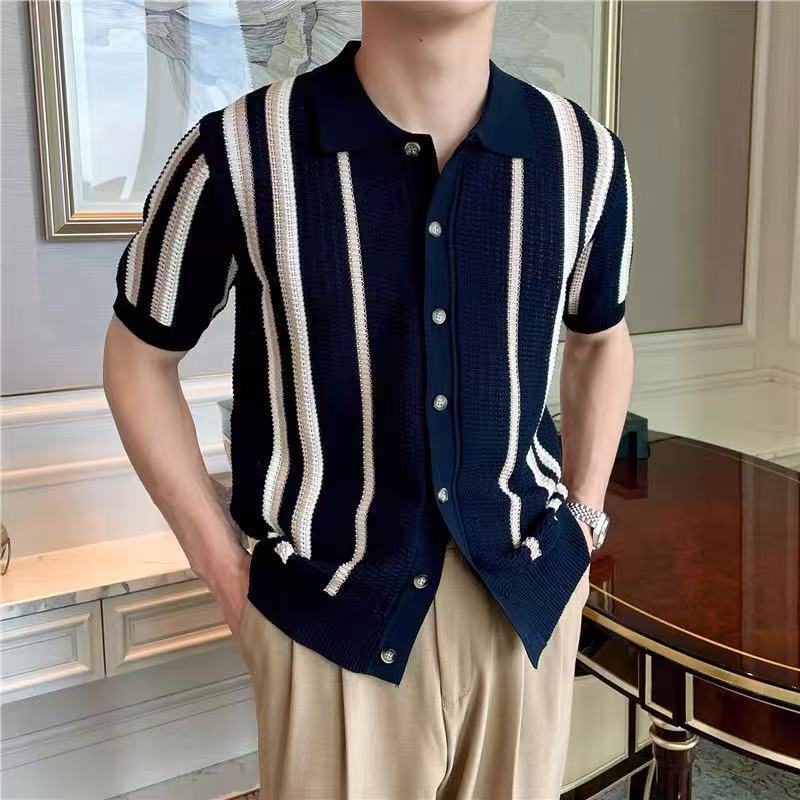 Polo camiseta de punto camiseta de manga corta hombre solapa rayas huecas viejas camisas de viento de verano hielo seda fábrica transfronteriza al por mayor