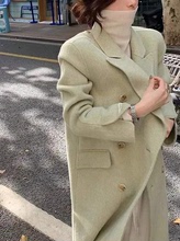韓版雙面羊絨大衣西裝領2022年秋冬新款果綠色寬松氣質毛呢外套女