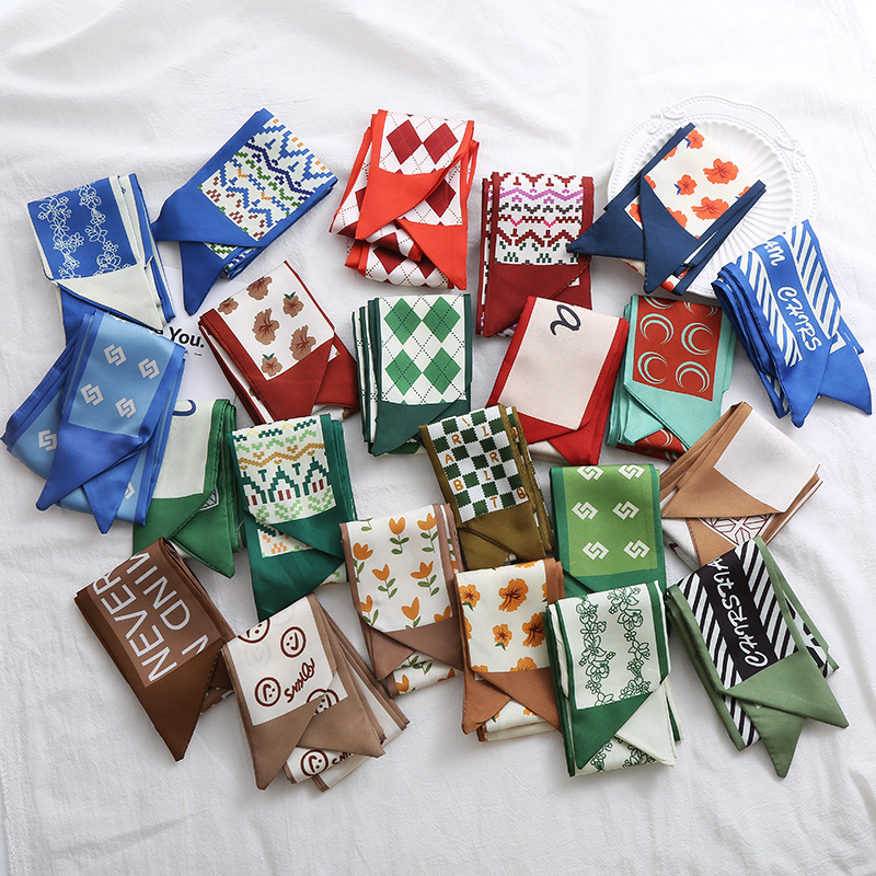 Korean-style Narrow Silk Scarf Printed Ribbon Multi-purpose Hair Band Tie Cloth Belt Belt Fresh Multi-color Scarf Soft Ribbon