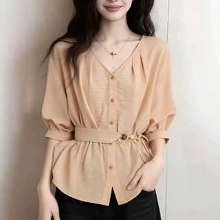 橘色V领短袖衬衫女夏2026夏季新款设计感系带收腰七分袖衬衣上衣