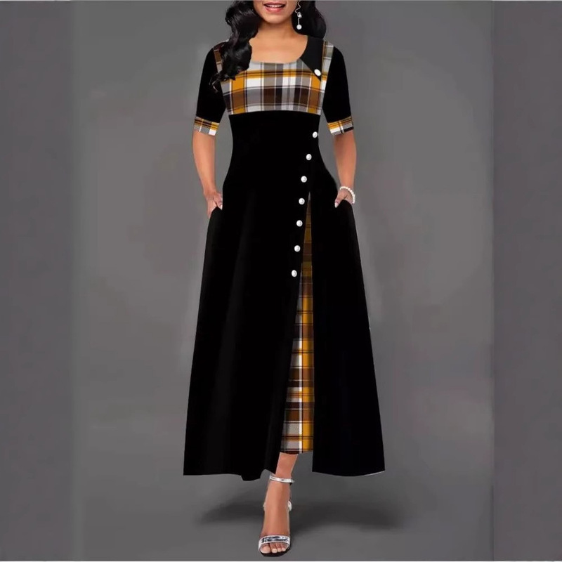 Checkered Round Neck Mid Sleeve Dress Women's Plaid Round Neck Mid Sleeve Dress
