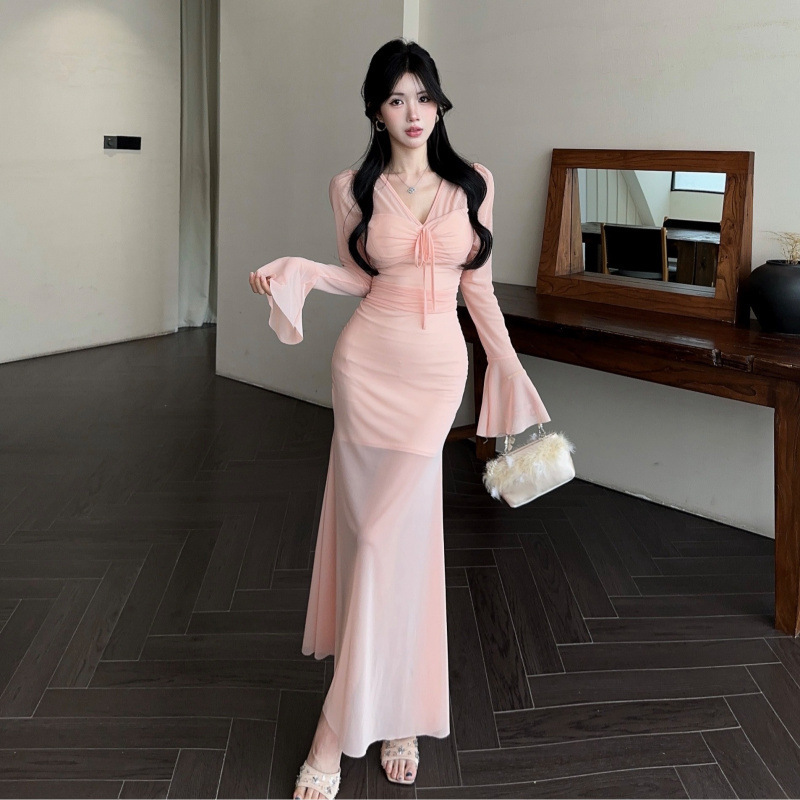 9872 Hot Girl Pure Desire Style Long-Sleeve Flared Sleeve Dress Slim Fit Slimming Gown Long Dress High-End Bodycon Dress 9872 Hot Girl Pure Desire Style Long-Sleeve Flared Sleeve Dress Slim Fit Slimming Gown Long Dress High-End Bodycon Dress
