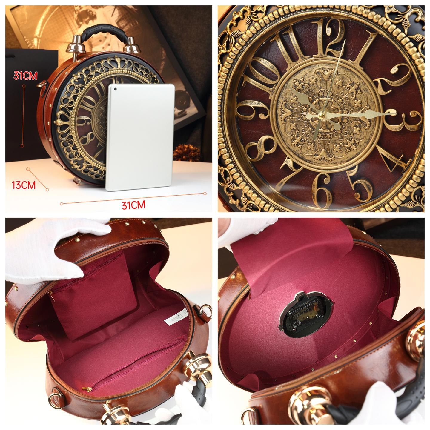 Túi đeo chéo nữ dáng tròn vintage thiết kế mặt đồng hồ độc đáo — màu nâu, đen, màu vàng, xanh lá cây