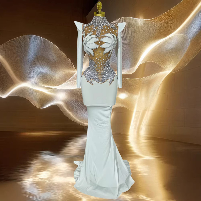 Cross-Border Foreign Trade Luxury Rhinestone Maple Leaf Sexy See-Through Satin Bodycon Long Dress Evening Party Performance Dress