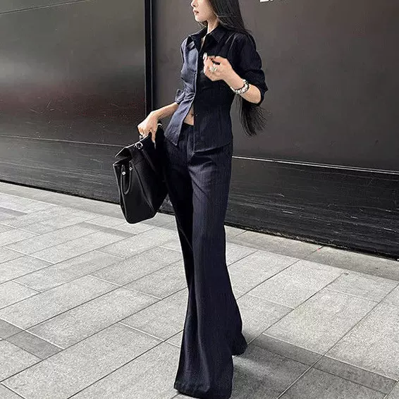 韩系新款百搭套装秋深蓝色收腰条纹御姐高级感衬衫喇叭裤两件套装