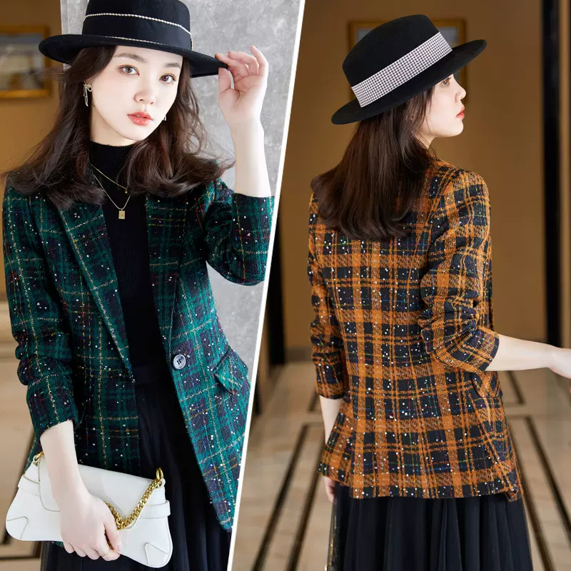 女装短外套2023年秋冬新款格子西服女春秋上衣修身小西装时尚工装