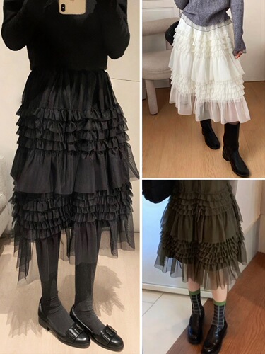 Heavy Industry Wood Ear Edge Net Band Waist Cake Skirt Women Spring New Korean Style Elegant Fullness Skirt Layered Net Dress