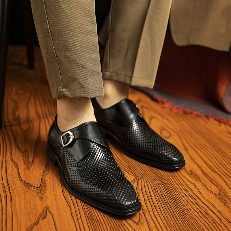 2025 весенне-летние деловые деловые кожаные туфли, мужские британские дышащие сандалии из натуральной кожи первого слоя из воловьей кожи с квадратным носком и пряжкой