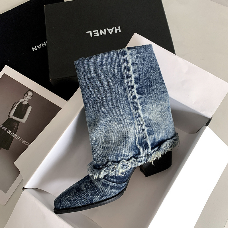 Boot nữ cổ thấp đế thô denim phong cách cao bồi Âu Mỹ — Màu xanh lam