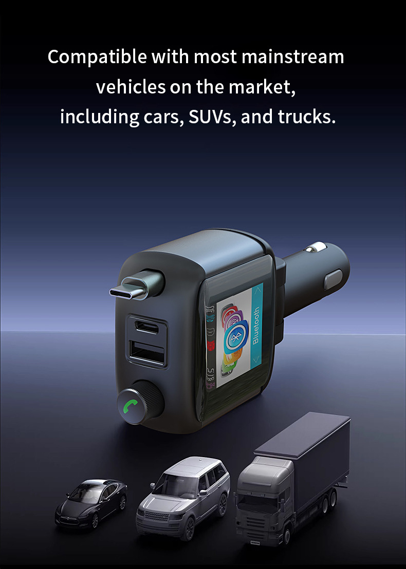 Car-mounted color display screen Bluetooth FM transmitter hands-free calling PD65W fast charging charger MP3 player