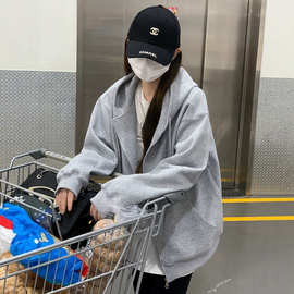 oversize韩系灰色连帽卫衣女秋冬新款宽松慵懒风加厚显瘦百搭外套