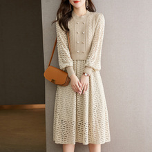 韩系名媛针织假两件连衣裙2024秋冬新款时尚高腰灯笼袖长款毛衣裙