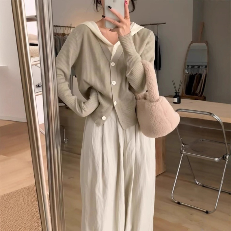 韩系甜美拼接假两件针织开衫女秋冬小众简约百搭显瘦连帽毛衣外套|undefined