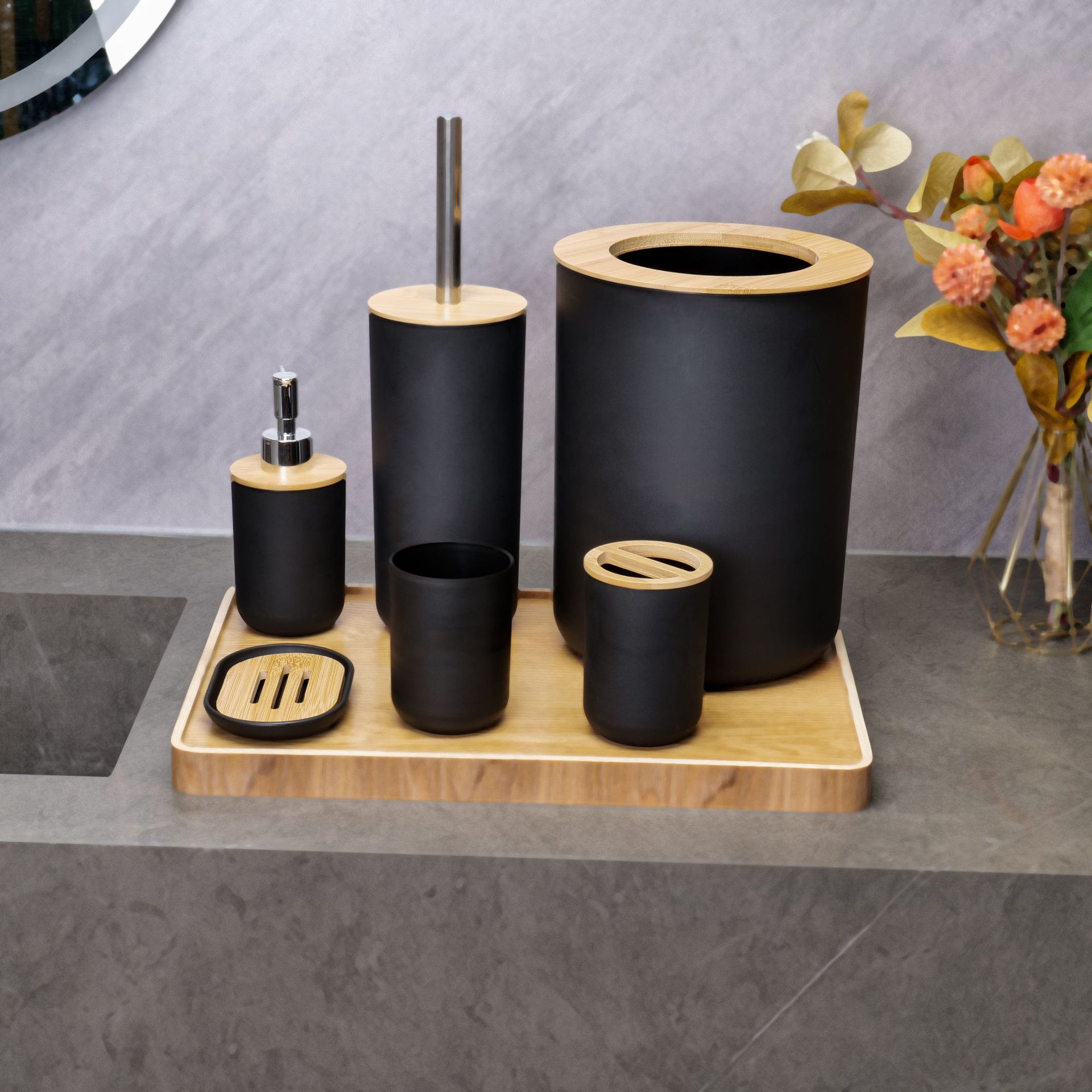 Venta caliente transfronteriza baño lavado de bambú y madera juego de seis piezas bomba de loción cepillo de dientes taza caja de jabón bote de basura productos ligeros de lujo de alta gama