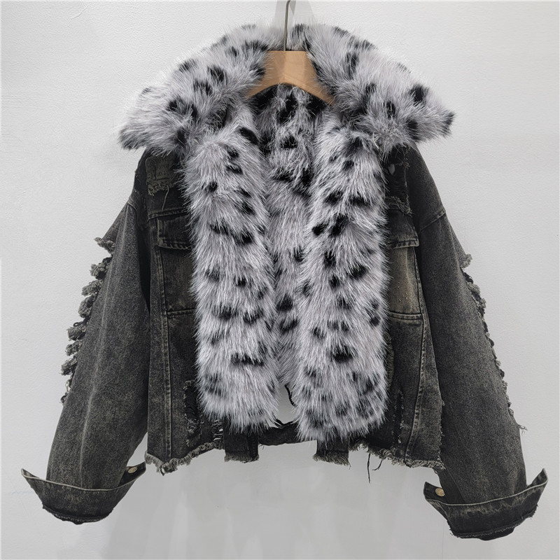 Jeans estampado de leopardo abrigo de algodón de cuello de piel mujer agujero suelto empalme chaqueta corta de algodón grueso calentamiento