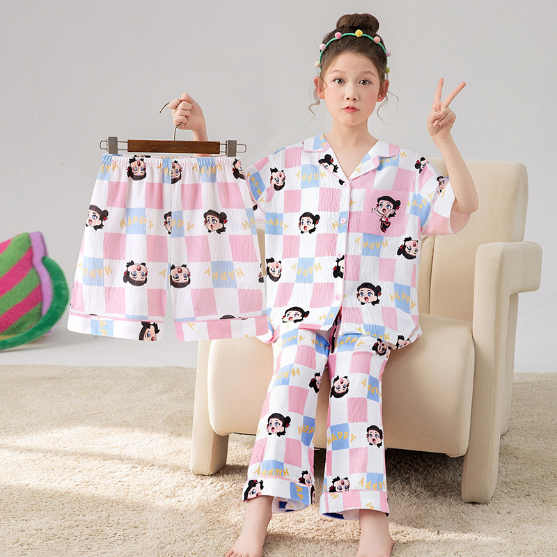 Pijamas para niños niñas de verano delgada ropa de bebé 2026 nuevo conjunto de hielo de seda de tres piezas