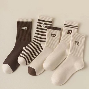 Four Seasons New Letter Striped High Elastic Sports Mid-Calf Women's Socks Thick Versatile Sweat-Absorbing Long Tube Trendy Socks for Women