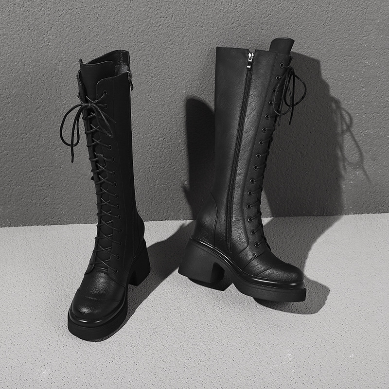 Boot nữ cổ cao dây buộc phong cách cổ điển, gót 10 cm — Nhung kaki đậm chi tiết 11