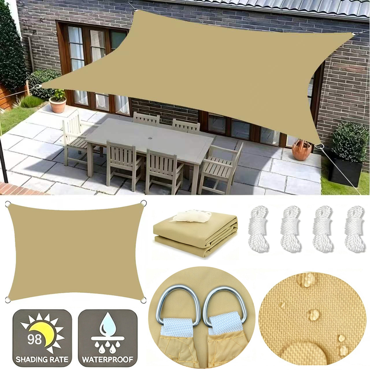Oxford cloth sunshade sail for outdoor sun and rain protection, suitable for courtyard, balcony, terrace, four-corner sunshade canopy, waterproof fabric
