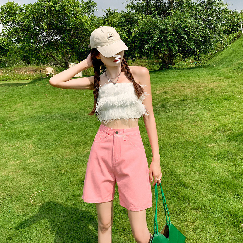 Women's High-Waisted Loose Straight-Leg Casual Dopamine Mid-Length Denim Shorts for Spring and Summer 2025