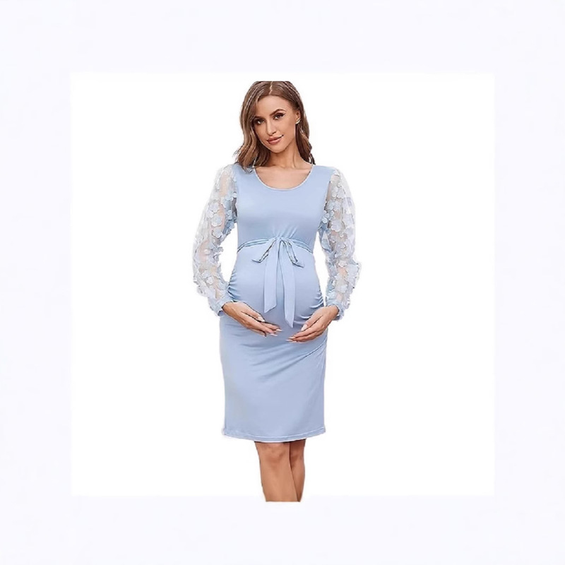 2025 European and American Maternity Wear Flower Stitching Slim Maternity Dress Summer Long-Sleeved Round Neck Maternity Dress