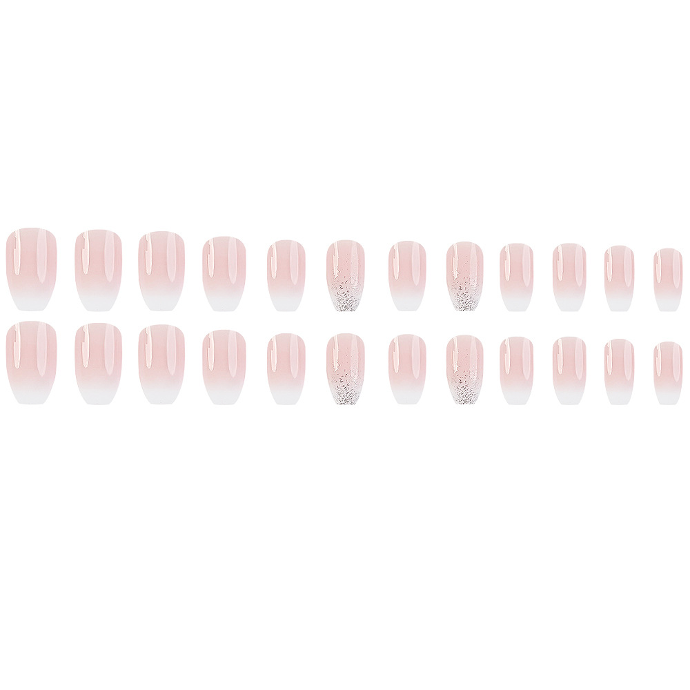 Uñas portátiles simples europeas y americanas transfronterizas Parche de uñas con empalme de degradado rosa y blanca 24 piezas de arte de uñas de ballet flash al por mayor